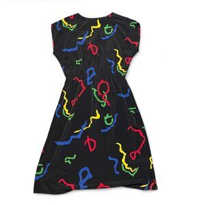 Vintage Leslie Pomer Black Rainbow Abstract Design Elastic Retro Shift Dress 16B